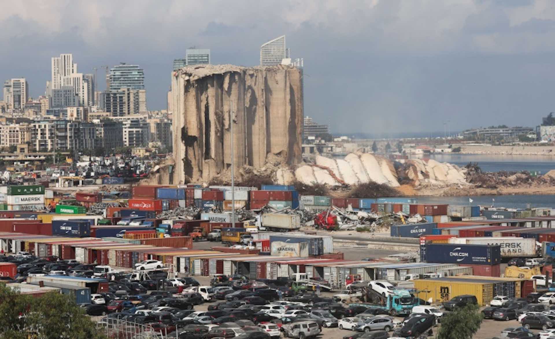 The northern part of the damaged Beirut grain silos collapses